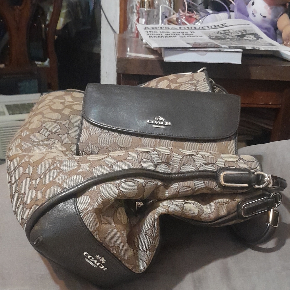 Coach Brown and Cream Signature Bag with Wallet